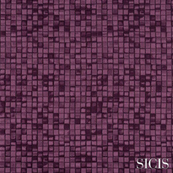 Plum mosaic tile texture, square format, matte finish, SICIS brand, white background, fabric swatch, Cardea collection detail.