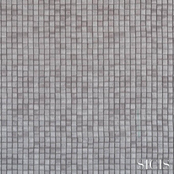 Sicis Cardea Silver fabric with a woven square tile pattern in cool gray tones, matte finish, and subtle brand text.
