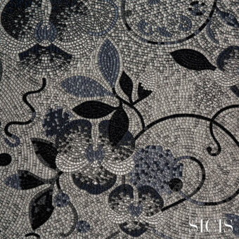 Sicis Dolium mosaic tile features gray, black, and silver floral motifs in a dense, square tesserae pattern with a subtle metallic sheen.