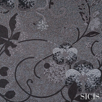 Gray and black floral mosaic fabric, “dolium titan” design, featuring tesserae background, curving vines, and SICIS branding.