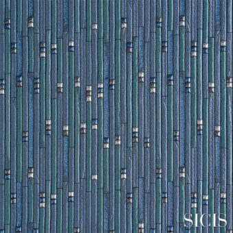 Mosaic tile texture, blue and gray tones, rectangular grid pattern with silver inlays, SICIS brand detail, studio shot.