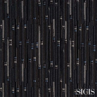 Sicis fabric swatch, black and gray vertical stripes, textured rectangular weave with muted blue accents, silver logo detail.