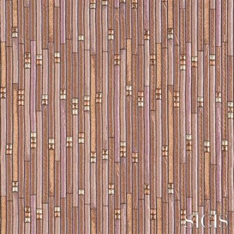 Copper fiber textile with vertical wood-grain strips, muted gold accents, and a warm brown, lavender, metallic color palette in a grid layout.