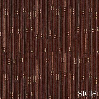 Sicis fabric sample displaying vertical reddish-brown stripes intersected by a golden-brown rectangular grid with a woven texture.