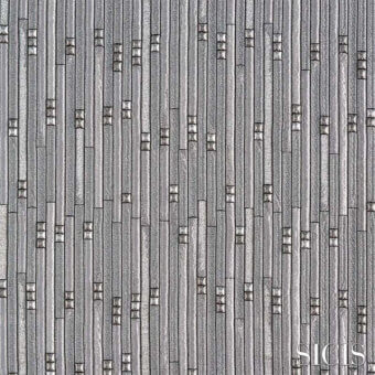 Metallic silver woven texture with vertical rectangular strips and square accents, SICIS brand, neutral gray background.