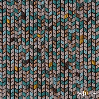 Herringbone tile pattern in teal, bronze, gold, and gray with dark grout lines; SICIS fabric design “fishbone acqua” detail.