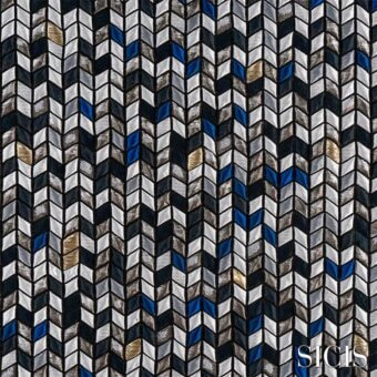 Sicis fabric, fishbone pattern in blue, black, silver, and white with gold accents, featuring a geometric tile mosaic and directional flow.