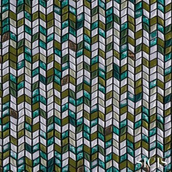 Sicis fabric sample, fishbone green, rectangular tile pattern with shimmer, gray grout, horizontal layout, subtle watermark.