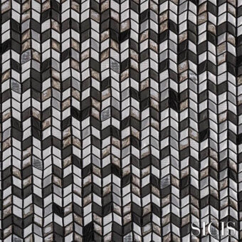 SICIS herringbone fabric sample, grayscale tones with gold accents, dense vertical tile pattern, polished finish, stone or glass effect.