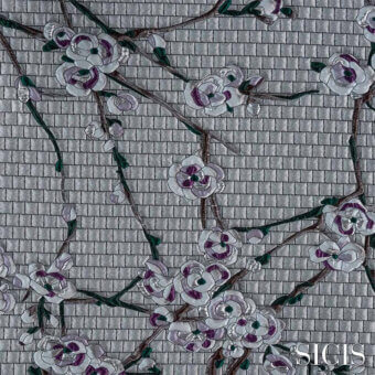 Cherry blossom textile with white, silver, and purple flowers on a gray tiled background, featuring SICIS branding.