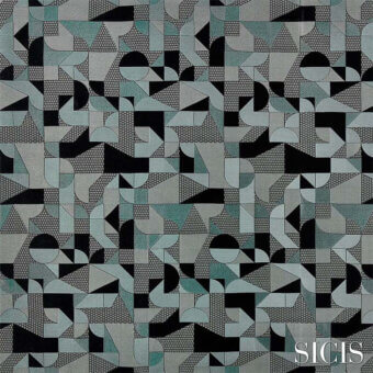 Geometric fabric pattern in gray, teal, and charcoal tones with interlocking triangles, trapezoids, and textured grid background, by Sicis.