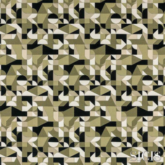 Sicis Ford Bamboo fabric, olive-green and cream geometric pattern with black outlines, textured and smooth shapes, matte finish.