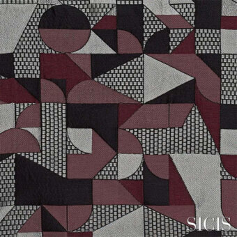 Burgundy geometric fabric pattern with overlapping triangles and semi-circles, featuring a gray grid texture and SICIS branding.
