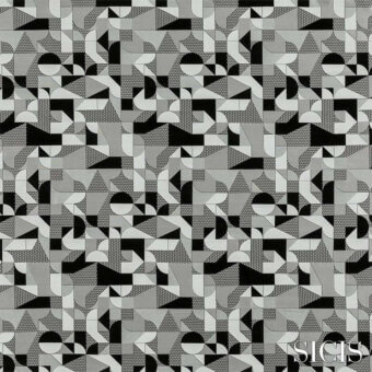 Geometric textile pattern in shades of gray features interlocking triangles and semi-circles with a dotted texture on a white background.
