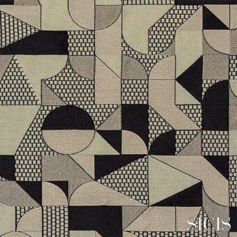 Sicis Ford Sand fabric, geometric mosaic pattern with beige, cream, gray tones, black and white circular detail, textured grid layout.