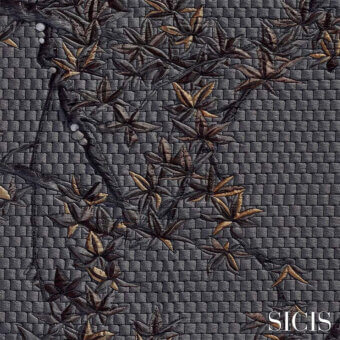 Sicis fabric, maple green textile with repeating stylized maple leaves, dark gray basketweave background, gold-bronze detailing.