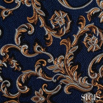 Sicis Thethys fabric swatch, navy blue jacquard with copper, bronze, and silver baroque floral embroidery and textured weave.