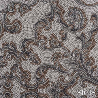 Sicis Thethys fabric sample, ivory and metallic tesserae, features swirling baroque foliage and scrollwork in raised relief.