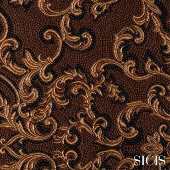 Sicis Thethys fabric sample, brown and gold baroque pattern, ornate floral motifs with raised texture and woven surface.
