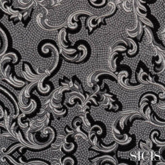 Sicis Thethys Pearl fabric textile, gray baroque floral mosaic, irregular tesserae pattern, subtle sheen, dark gray background.