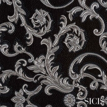 Sicis Thethys platinum fabric swatch displaying a dense floral damask pattern in silvery-grey and black with a subtle sheen.