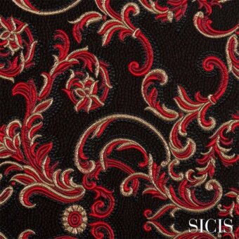 Sicis Thethys fabric swatch, red and gold floral pattern, woven texture with baroque scroll motifs, dark gray background.