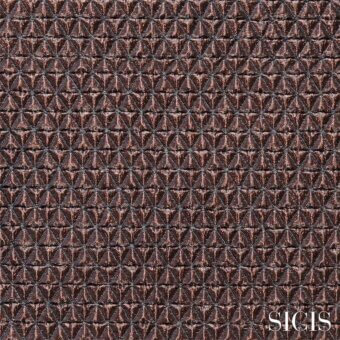 Sicis fabric sample, brown trigono vitreo texture, repeating triangular geometric pattern with metallic sheen and raised surface.