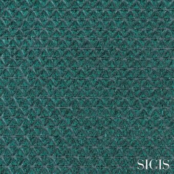 Geometric textile sample in sage green features interconnected triangles with gray threads, displaying “SICIS trigono vitreo” branding.