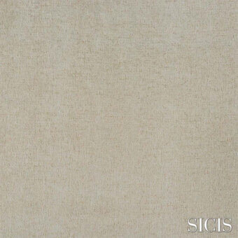 Sicis Vanitas fabric, ivory colored linen texture, fine linear weave with matte finish and dark green brand text.