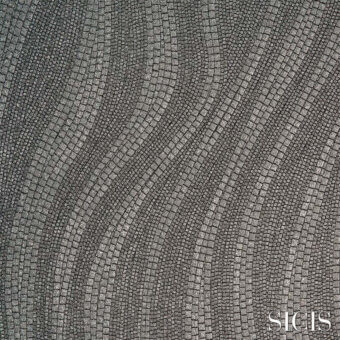 Sicis fabric sample, platinum gray mosaic tile, diagonal wave pattern with metallic tesserae and granular texture.