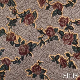 Sicis Xante beige mosaic fabric with repeating stylized roses, burgundy florals, gold accents, and a textured light beige tile background.