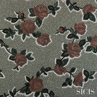 Mosaic tile pattern with red and burgundy roses, green foliage, gray tesserae background, white scalloped border, and “SICIS” logo.