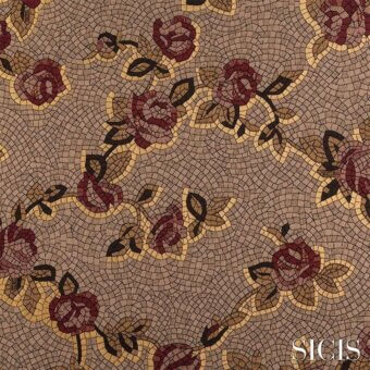 Mosaic pattern with burgundy roses, gold outlines, and green foliage on a beige, brown, and tan tessellated background; SICIS logo present.