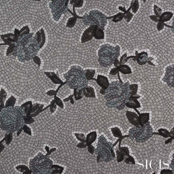 Gray mosaic pattern with floral motifs, black and white details, against a gray tesserae background; SICIS brand, Xante silver fabric.