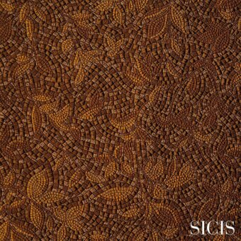 Sicis Zaira fabric, bronze mosaic tile pattern, swirling organic texture with golden and muted brown shades, subtle brand lettering.