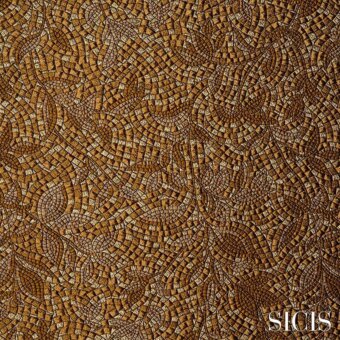Sicis Zaira mosaic texture in gold, bronze, and amber tones features a swirling, floral pattern of small square tesserae with a metallic sheen.