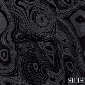 Sicis Agata Black fabric texture displays swirling agate patterns in black and dark gray, featuring concentric rings and a velvety surface.