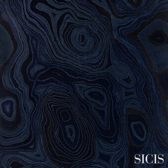 Sicis fabric sample, agate blue, swirling organic pattern with concentric circles and a plush, velvety texture.