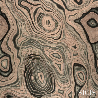 Sicis fabric swatch, agate taupe, featuring concentric rings and swirling geological patterns in beige, brown, and gray tones.