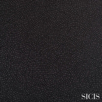 Sicis Astrea fabric texture, black tesserae in concentric circles, smooth polished surface with brand name detail.