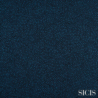 Blue mosaic tile pattern with concentric circles, dark grout, and a swirling wave effect; SICIS brand name in lower right corner.