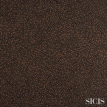 Sicis Astrea Brown fabric with repeating concentric circles of square elements, featuring a gradient brown color palette and textured weave.
