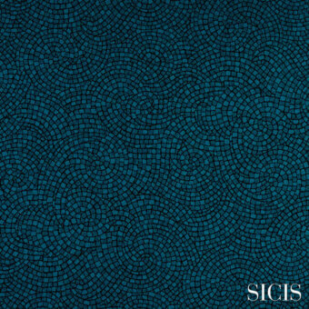 Teal and dark gray textile pattern with concentric circular mosaic tiles, featuring “SICIS astrea gasoline” branding, woven texture.
