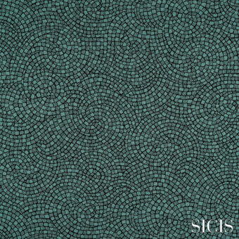 Sicis Astrea fabric, teal and dark gray, repeating concentric circles of rectangular tessellations with a granular woven texture.