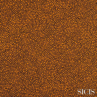 Sicis Astrea Palegold fabric displays swirling circular mosaic pattern in orange and gold tones with dark brown outlines, creating a textured composition.