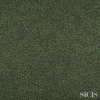Olive green Sicis Astrea fabric with concentric square patterns, white lines, and a granular texture against a dark green backdrop.