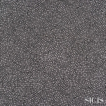 SICIS fabric pattern, muted gray tesserae, circular swirling motif with matte finish and subtle tonal variations, astrea pearl design.