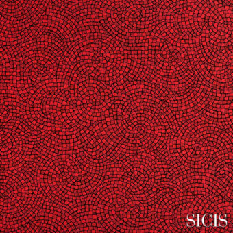 Sicis Astrea fabric, red mosaic pattern with concentric circles, granular texture, and white SICIS logo detail in the corner.