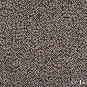 Sicis Astrea Sand fabric with overlapping circular mosaic tesserae, muted sand tones, and a matte finish against a neutral backdrop.