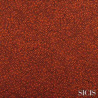 Astrea tile fabric pattern, orange terracotta shades, concentric swirling circles with granular texture, SICIS brand detail.